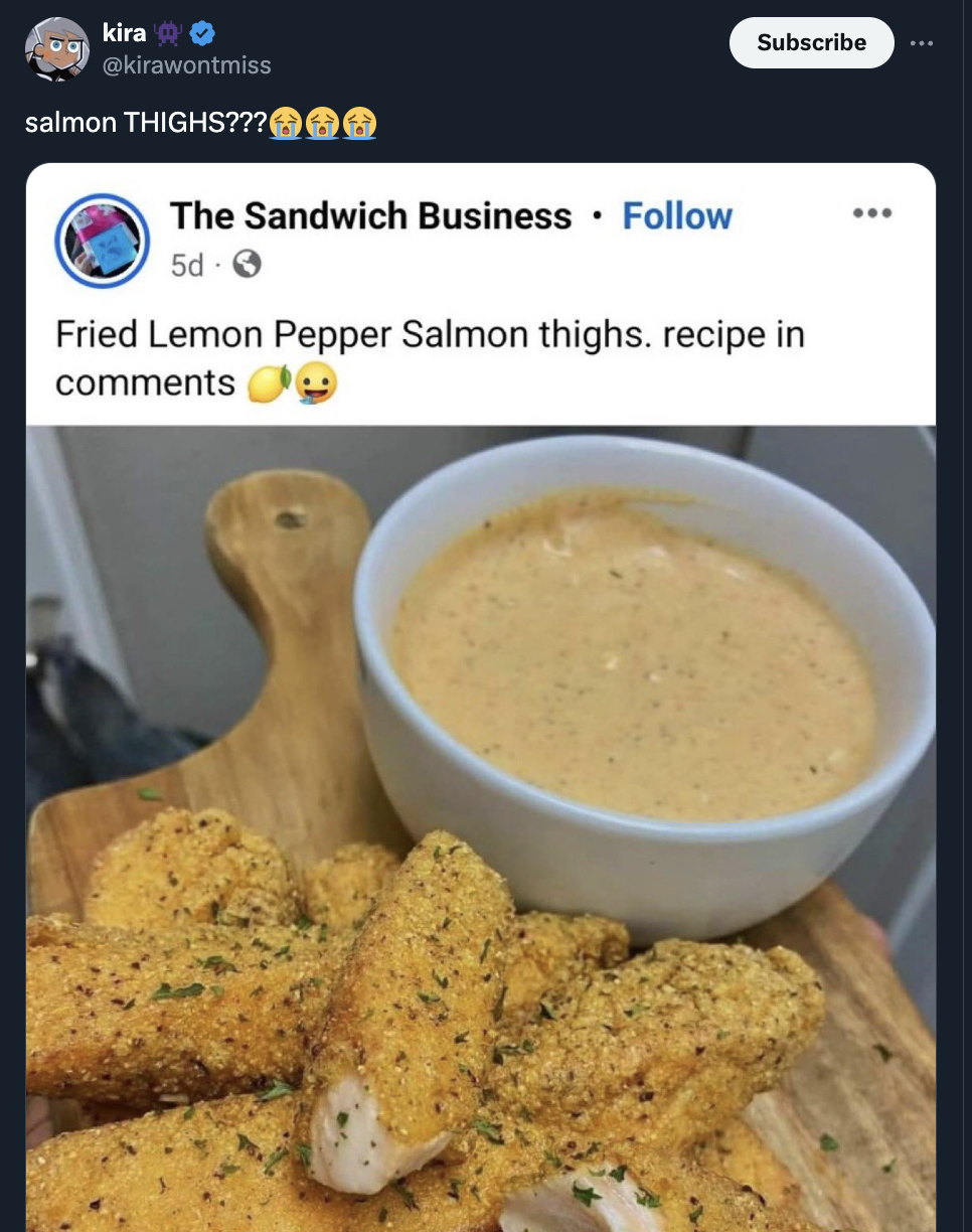 fried lemon pepper salmon sticks with old bay blue cheese - kira salmon Thighs??? The Sandwich Business 5d Subscribe Fried Lemon Pepper Salmon thighs. recipe in